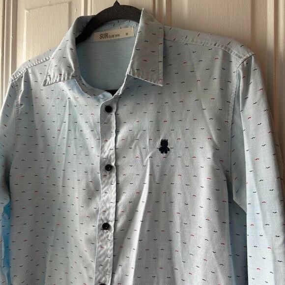 Sur Club 1976 Shirt Mens Medium Blue Mustache Button Up Long Sleeve Collared Top - Picture 2 of 6